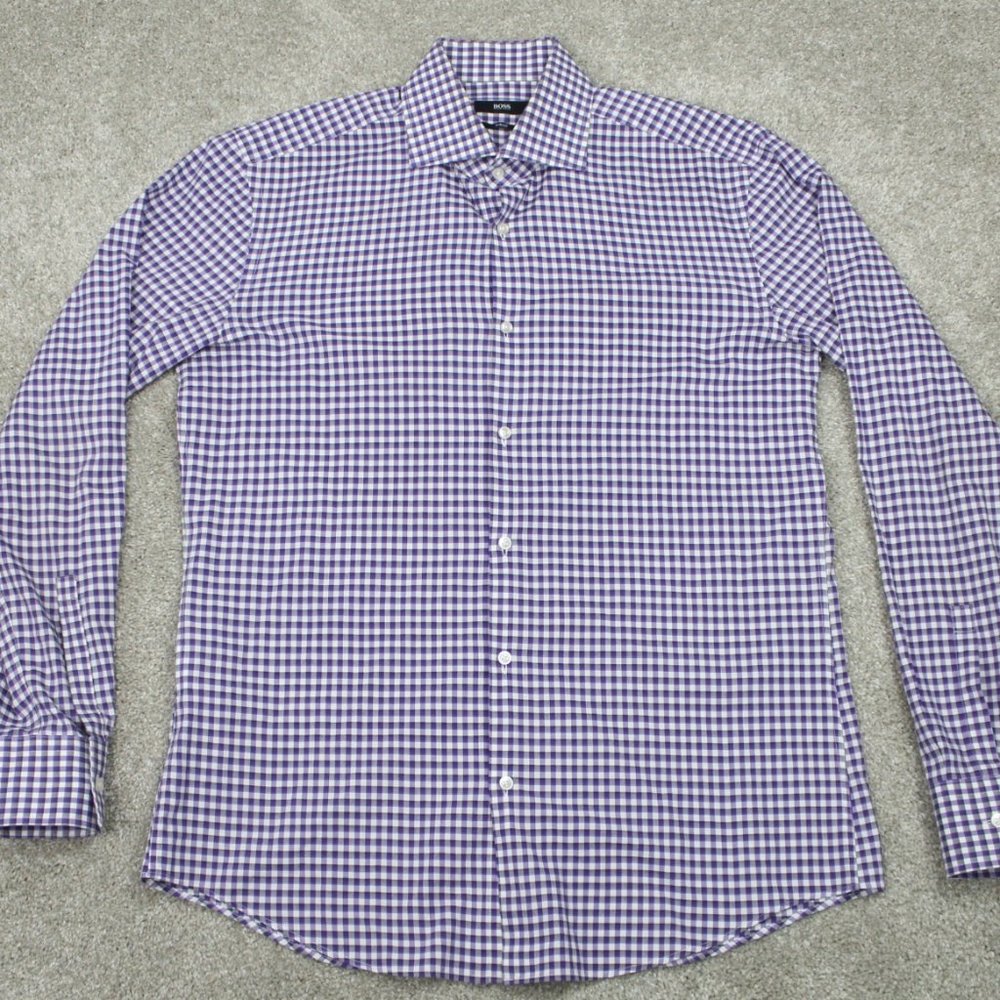 BOSS Hugo Boss Prince Dress Shirt Mens 16 , 41  Purple/White Slim Fit Cotton L/S